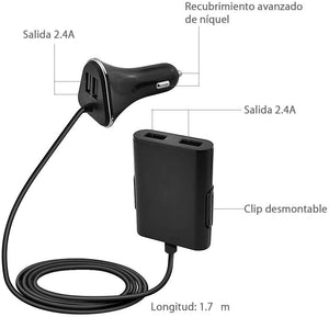 Cargador de Coche, Cargador de Auto con 4 Puertos 8A 36W / 1.8M Cable Quick Charger 3.0 para Galaxy S10 /S10 Plus /S10 lite/S8 / S7 / S6 / Edge/Plus, Note 5/4 e iSmart para iPhone X/ XS /XR/8/Plus / 6s / Plus, iPad Mini y Huawei Mate 20 pro/ P20 lite
