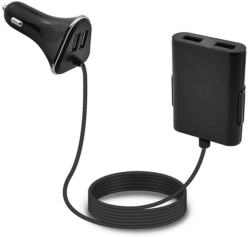 Cargador de Coche, Cargador de Auto con 4 Puertos 8A 36W / 1.8M Cable Quick Charger 3.0 para Galaxy S10 /S10 Plus /S10 lite/S8 / S7 / S6 / Edge/Plus, Note 5/4 e iSmart para iPhone X/ XS /XR/8/Plus / 6s / Plus, iPad Mini y Huawei Mate 20 pro/ P20 lite