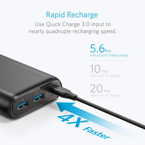 Anker batería portátil Powercore 20000 mAh, Portable, Carga rápida Quick Charge 3.0, Poder IQ optimiza la velocidad de carga, Compatible con dispositivos Android, Apple, GoPro, etc., Funda transporte.
