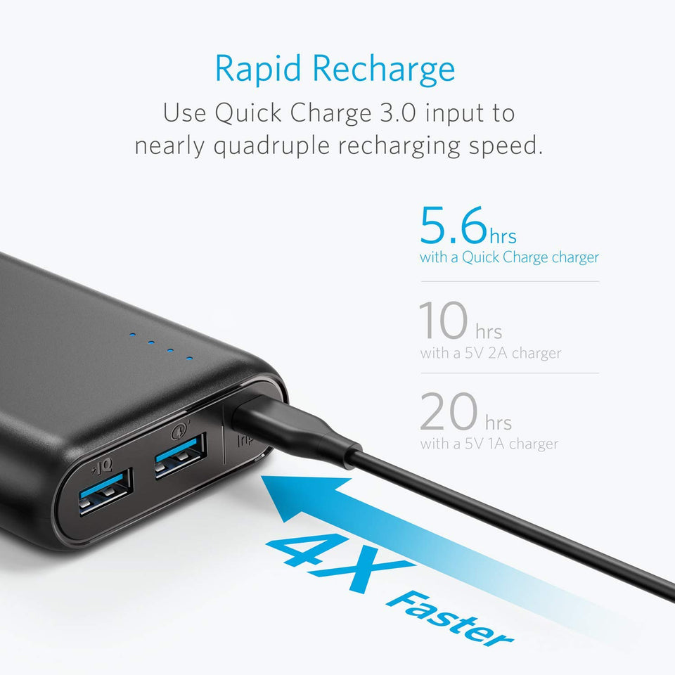 Anker batería portátil Powercore 20000 mAh, Portable, Carga rápida Quick Charge 3.0, Poder IQ optimiza la velocidad de carga, Compatible con dispositivos Android, Apple, GoPro, etc., Funda transporte.