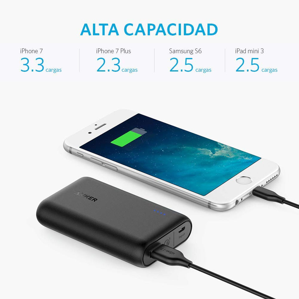Anker batería portátil Powercore 10000 mAh, Portable, Carga rápida Quick Charge 3.0, Poder IQ optimiza la velocidad de carga, Compatible con dispositivos Android, Apple etc., GoPro, Funda transporte.
