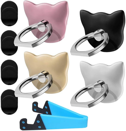 Pack de 4 soportes para anillo de teléfono celular con forma de gato, 1 paquete de soporte para tableta V de soporte para smartphone, DanziX 360 ° de rotación Soporte universal para soporte de dedos, plata, oro rosa, negro, dorado y azul