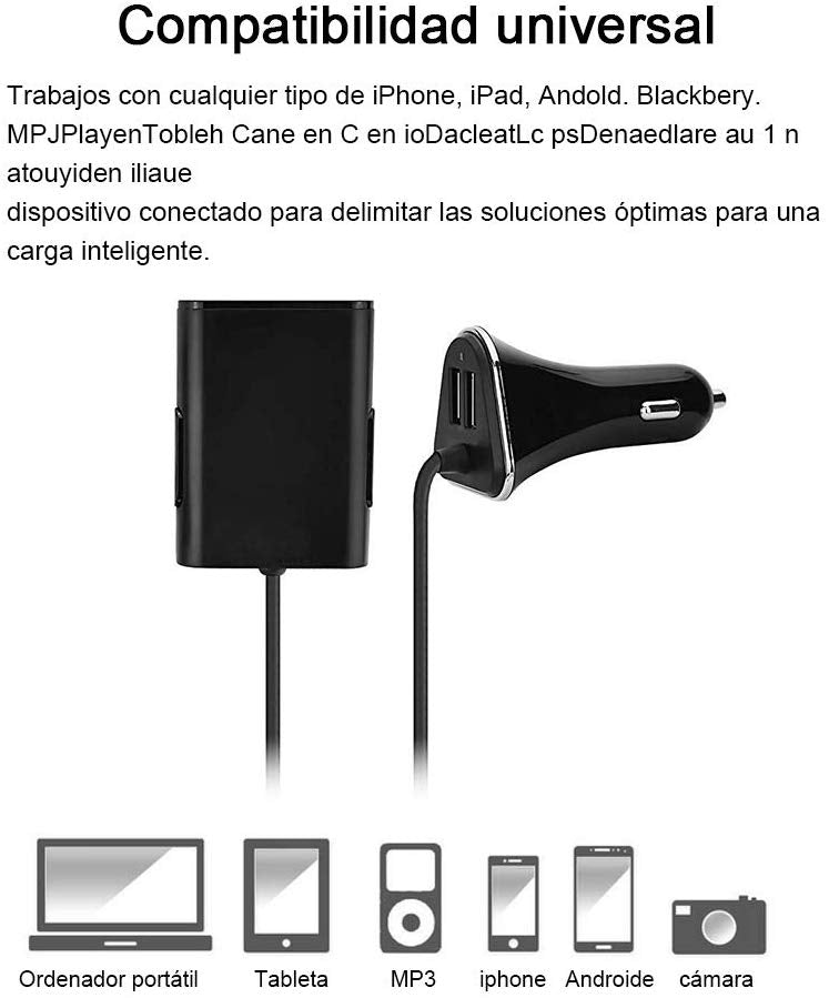 Cargador de Coche, Cargador de Auto con 4 Puertos 8A 36W / 1.8M Cable Quick Charger 3.0 para Galaxy S10 /S10 Plus /S10 lite/S8 / S7 / S6 / Edge/Plus, Note 5/4 e iSmart para iPhone X/ XS /XR/8/Plus / 6s / Plus, iPad Mini y Huawei Mate 20 pro/ P20 lite