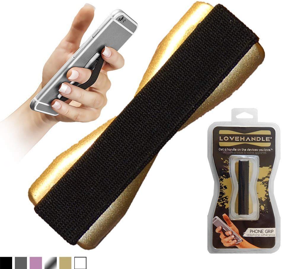 lovehandle teléfono celular agarre mantiene el dispositivo con sólo un dedo – Ultra delgado de bolsillo Friendly Love mango agarre de los dedos para iPhone Mini Tablet – Grip It de forma segura para mensajes de texto, fotos y selfies (oro)