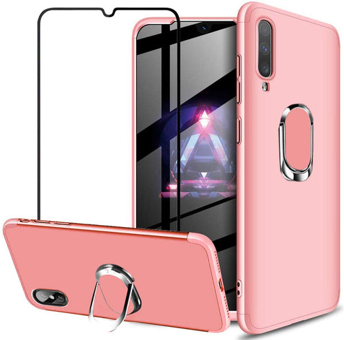 Funda para Samsung Galaxy A70 Case Protector de Pantalla de Cristal Templado, 3 en 1 Todo Incluido Choque Absorción Protección 360 Grados Anillo Soporte Celular Magnético Kickstand Carcasa，Rosa
