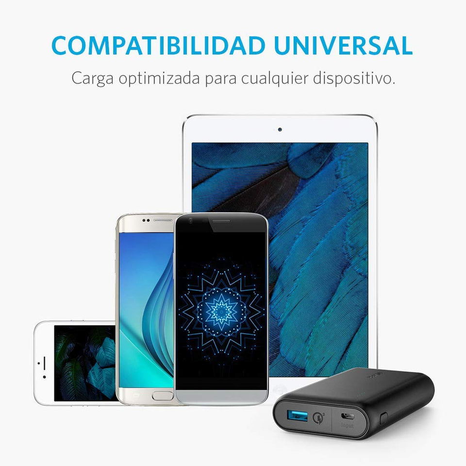 Anker batería portátil Powercore 10000 mAh, Portable, Carga rápida Quick Charge 3.0, Poder IQ optimiza la velocidad de carga, Compatible con dispositivos Android, Apple etc., GoPro, Funda transporte.
