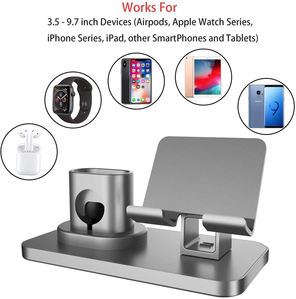 Soporte para Reloj, Manricle Soporte para Teléfono, Multifunción 3 En1 Soporte para reloj Teléfono y Airpods, Soporte para Estación De Carga Compatible con Teléfonos/Apple Watch/ Sumsung / iPhone / iPad y Relojes(Gris) (Gris)