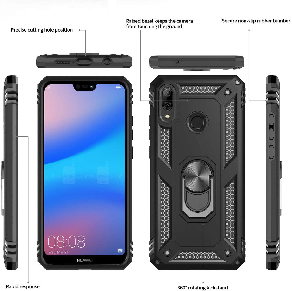 LeYi Funda Huawei Y9 2019 Case con HD Protector de Pantalla, 360 Ring Soporte Metal Magnetic Armor Rudo Hard PC y Soft Silicon TPU Bumper Slim Gel Cover Carcasa para Celular Y9 2019, Negro