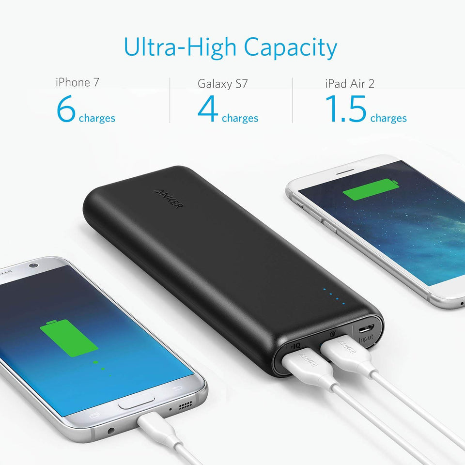 Anker batería portátil Powercore 20000 mAh, Portable, Carga rápida Quick Charge 3.0, Poder IQ optimiza la velocidad de carga, Compatible con dispositivos Android, Apple, GoPro, etc., Funda transporte.