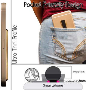 lovehandle teléfono celular agarre mantiene el dispositivo con sólo un dedo – Ultra delgado de bolsillo Friendly Love mango agarre de los dedos para iPhone Mini Tablet – Grip It de forma segura para mensajes de texto, fotos y selfies (oro)
