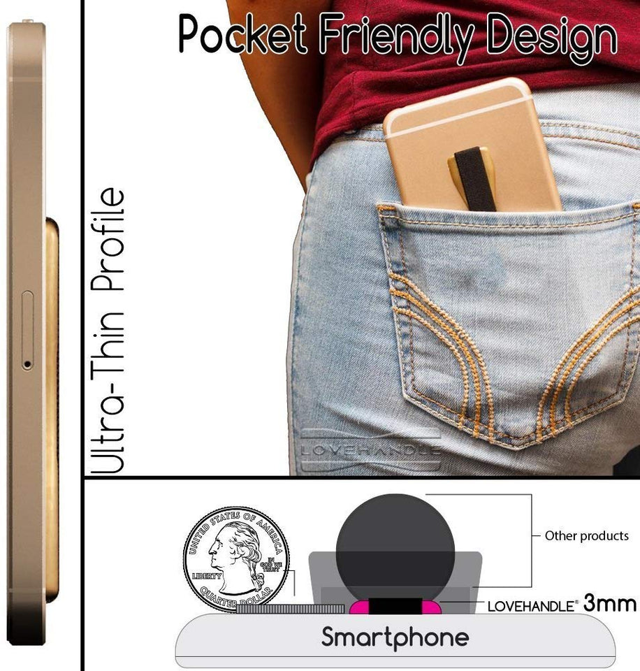 lovehandle teléfono celular agarre mantiene el dispositivo con sólo un dedo – Ultra delgado de bolsillo Friendly Love mango agarre de los dedos para iPhone Mini Tablet – Grip It de forma segura para mensajes de texto, fotos y selfies (oro)