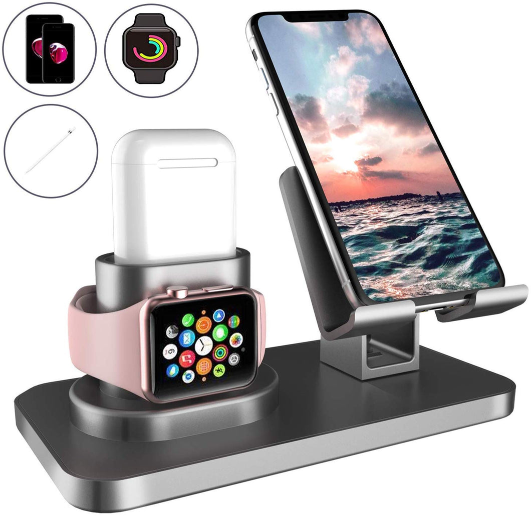 Soporte para Reloj, Manricle Soporte para Teléfono, Multifunción 3 En1 Soporte para reloj Teléfono y Airpods, Soporte para Estación De Carga Compatible con Teléfonos/Apple Watch/ Sumsung / iPhone / iPad y Relojes(Gris) (Gris)