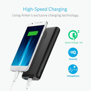 Anker batería portátil Powercore 20000 mAh, Portable, Carga rápida Quick Charge 3.0, Poder IQ optimiza la velocidad de carga, Compatible con dispositivos Android, Apple, GoPro, etc., Funda transporte.