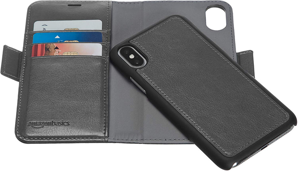 AmazonBasics Funda desmontable tipo cartera, cuero sintético, para teléfono iPhone X, gris oscuro