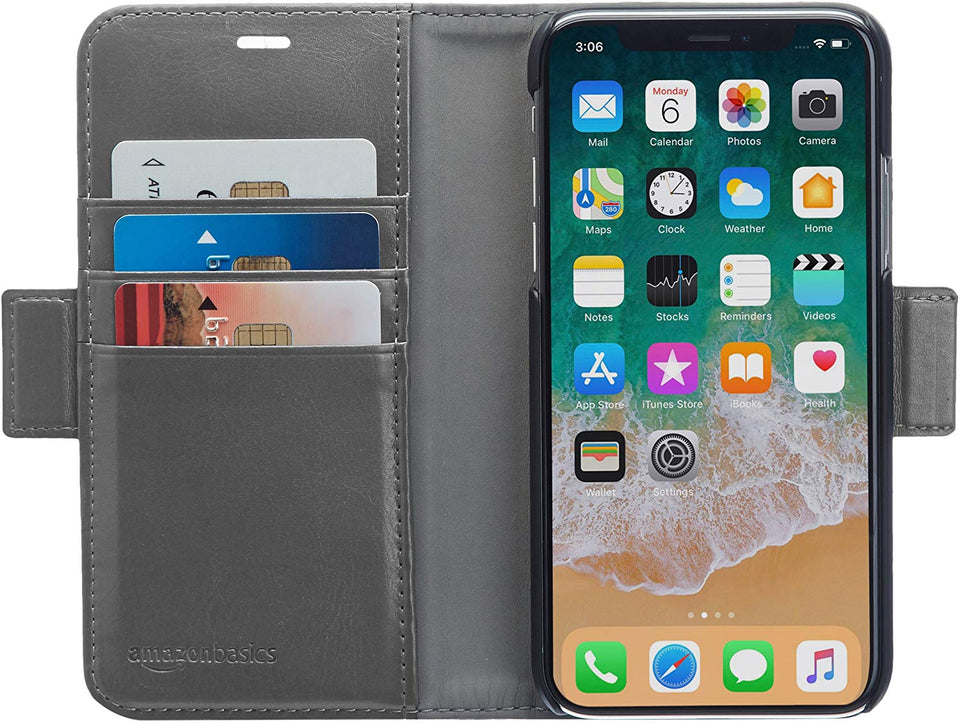 AmazonBasics Funda desmontable tipo cartera, cuero sintético, para teléfono iPhone X, gris oscuro